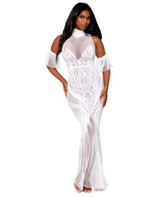 Robe bodystocking en résille et dentelle blanche 